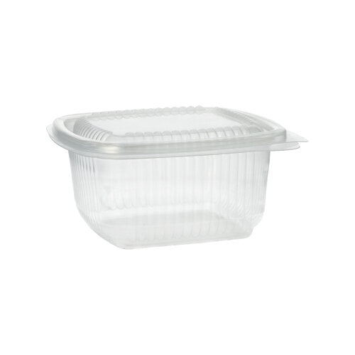 En transparent, rektangulär Starpak 100 förpackningsbägare med viklock (PP) är stängd och tom framför en enkel vit bakgrund.
