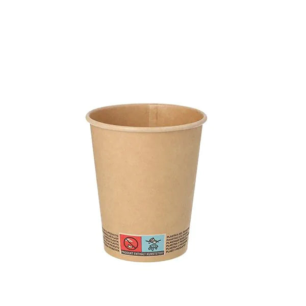 En PAPSTAR GmbH 50 dricksmuggar, papp 0,2 l mugg med en varningstext nära botten är avbildad mot en vit bakgrund.