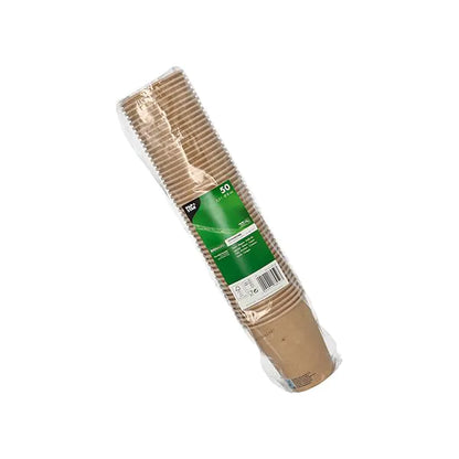 En genomskinlig plastförpackning med 50 dricksmuggar från PAPSTAR GmbH, papp 0,2 l, med en grön etikett med produktinformation, står på en enkel vit bakgrund.