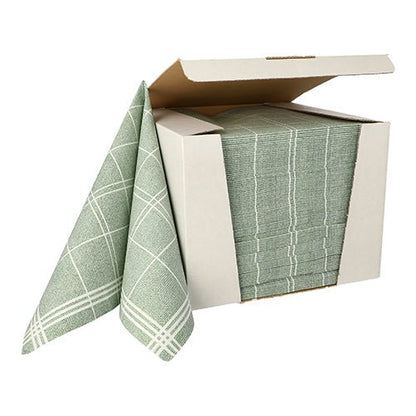 I en öppen kartong ligger en stapel PAPSTAR 100 servetter ”ROYAL Collection” med 1/4-veck (40x40 cm) från PAPSTAR GmbH, grön med vitt rutmönster. En servett av hög kvalitet är delvis utdragen och ligger på sidan över kartongen.