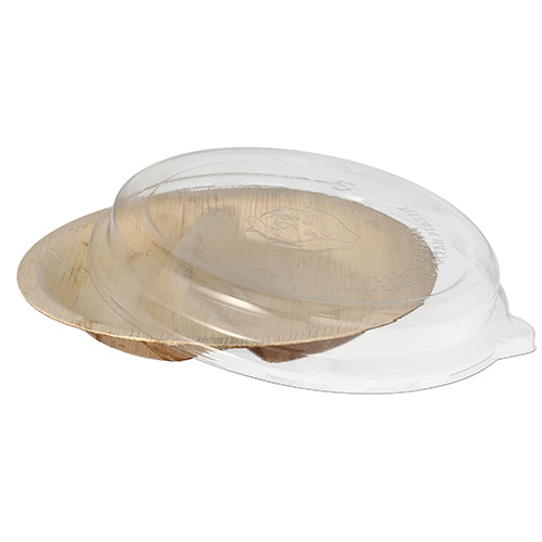 Starpak Kombipack innehåller 10 tallrikar av palmblad, 2-delad, 300 ml, Ø 23 cm · 5,3 cm med klart rPET-lock – praktiskt och hållbart för matpresentation eller -förpackning.