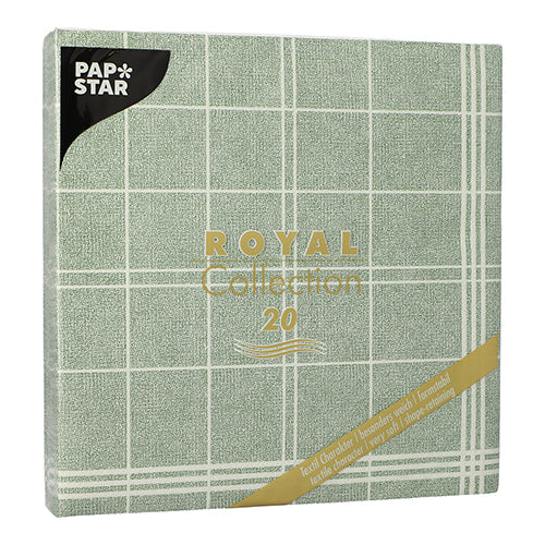 De PAPSTAR 20 servetter "ROYAL Collection" (1/4-fals, 40x40 cm) från PAPSTAR GmbH har ett grönt rutmönster med guldtext, innehåller 20 kvadratiska servetter per plastförpackning - idealisk för bordsdekoration.