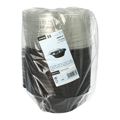 Eine Packung mit 25 schwarzen Starpak „Snap It“ Salatschalen (PET, 600 ml, Ø16,6 cm, 5,9 cm) mit durchsichtigem R-PET-Deckel, in Plastikfolie eingewickelt und mit einem weißen Etikett auf der Vorderseite mit Produktdetails und Barcode versehen.
