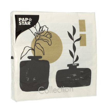 PAPSTAR GmbH erbjuder en förpackning med 20 färgglada 3-lagers servetter (33x33 cm, 1/4-vikt) som med sin minimalistiska design - två svarta vaser, abstrakta växter och guld-svarta geometriska accenter - elegant förhöjer varje bord.
