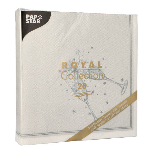De PAPSTAR GmbH 20 servetter "ROYAL Collection" (1/4-fals, 40x40cm) kommer i en kvadratisk vit förpackning i minimalistisk champagneglasdesign - perfekt för en stilfull bordsdekoration.