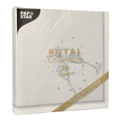 De PAPSTAR GmbH 20 servetter "ROYAL Collection" (1/4-fals, 40x40cm) kommer i en kvadratisk vit förpackning i minimalistisk champagneglasdesign - perfekt för en stilfull bordsdekoration.