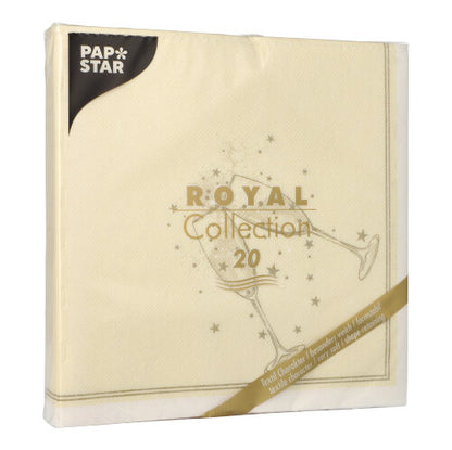 En förpackning PAPSTAR 20 servetter "ROYAL Collection" 1/4-fals (40x40 cm) från PAPSTAR GmbH, cremefärgade med guldchampagneglas- och stjärndesign, kännetecknas av en mestadels transparent förpackning med FSC-certifierad märkning.