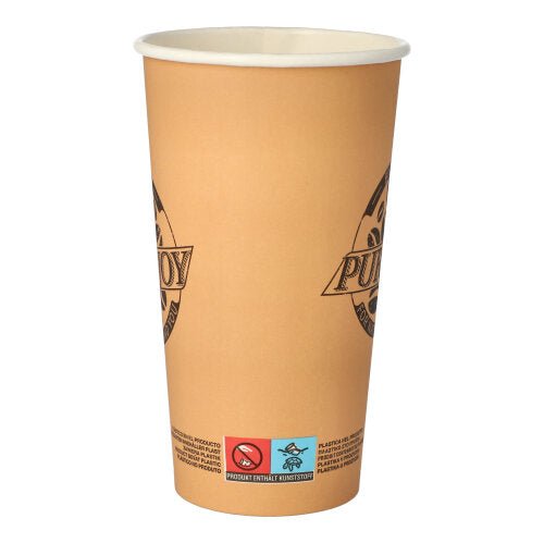 En hög, brun PAPSTAR 50 pappersdrickbägare (0,5 l) från PAPSTAR GmbH med tryckt text, delvis cirkulär logotyp och varningssymboler nära botten står på vit bakgrund.
