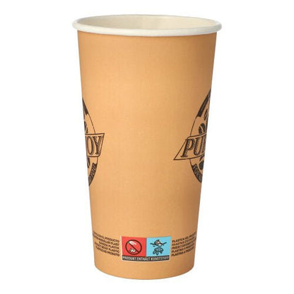 En hög, brun PAPSTAR 50 pappersdrickbägare (0,5 l) från PAPSTAR GmbH med tryckt text, delvis cirkulär logotyp och varningssymboler nära botten står på vit bakgrund.