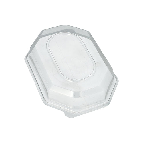 Starpak 10-locket för serveringsbrickor är ett klart, åttkantigt transparent PET-lock med en upphöjd oval mitt, designad för optimal fräschör av livsmedel och är avbildad mot en vit bakgrund.