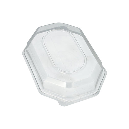 Starpak 10-locket för serveringsbrickor är ett klart, åttkantigt transparent PET-lock med en upphöjd oval mitt, designad för optimal fräschör av livsmedel och är avbildad mot en vit bakgrund.