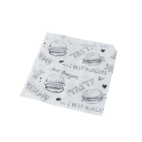 Die PAPSTAR Hamburger-Tüten 13x13 cm, weiß, der PAPSTAR GmbH zeigen schwarze, handgezeichnete Burger-Motive und Sprüche wie "BEST BURGERS", "TASTY" und "YUMMY" sowie kleine Herzen und Punkte - die perfekte stilvolle Verpackung für Burger (1000 Stück).