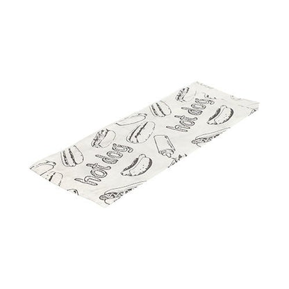 Avbildad är en platt, vit PAPSTAR korvbrödspappersförpackning (21x8,5 cm) med svart korvbrödsritning och texten "Hot Dog" från 1000-pack från PAPSTAR GmbH på vit bakgrund.