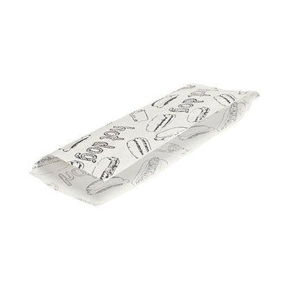 En korv med bröd eller smörgås insvept i en vit PAPSTAR korvbrödspåse (21x8,5 cm) med svarta snackritningar, förseglad på båda sidor, från PAPSTAR GmbH; idealisk för snacks och tillgänglig som 1000-pack.