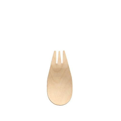 Den PAPSTAR gaffeln av trä "pure", 8,2 cm, från PAPSTAR GmbH är ett miljövänligt engångsbestick med rundad skedform och korta tänder - idealisk för fingermat - på vit bakgrund (förpackning med 150 stycken).