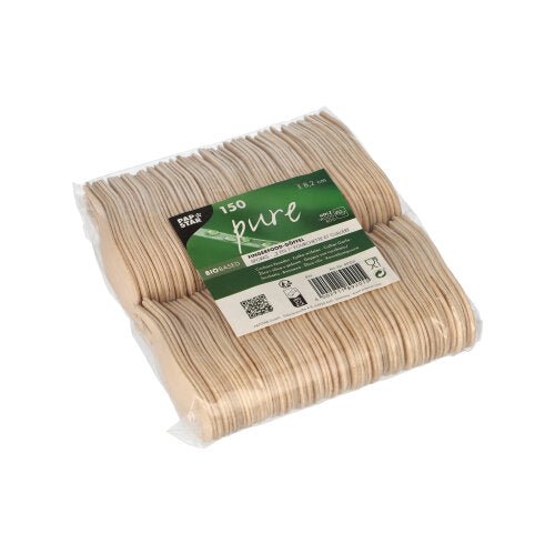 En klar plastförpackning innehåller 150 PAPSTAR gafflar av trä "pure", 8,2 cm, idealiska för fingermat. Den grön-vita etiketten visar texten från PAPSTAR GmbH och produktdetaljerna, inuti är de miljövänliga träredskapen prydligt staplade.