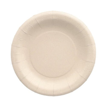 Den PAPSTAR 20 tallrikar tillverkade av jordbruksrester, ”pure”, runda, från PAPSTAR GmbH är en miljövänlig, beige engångstallrik med platt sida och lätt strukturerad yta, avbildad ovanifrån mot vit bakgrund.