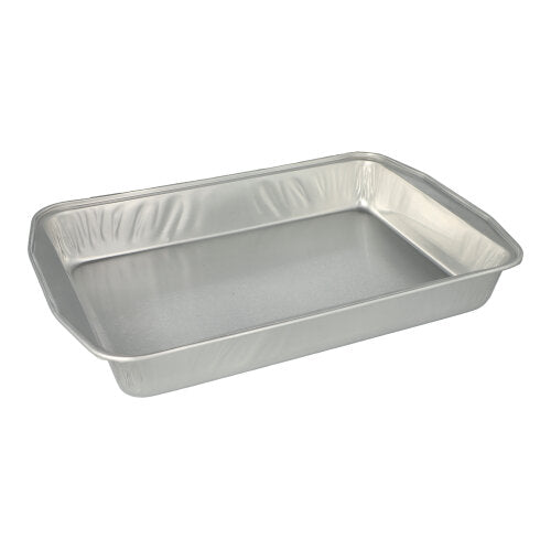 Ett set med 5 rektangulära Starpak-aluminium-bakformar (3,15 l, 5 x 25 x 36,6 cm, silver) med slät insida och rundade kanter, inslagna i krympplast, presenterade på en enkel vit bakgrund.