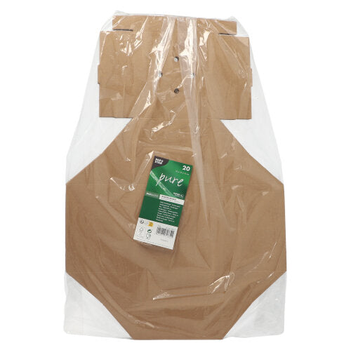 Ein 20er-Pack PAPSTAR Burgerboxen aus Pappe „pure“ der PAPSTAR GmbH, teilweise in Klarsichtfolie eingewickelt mit grün-weißem Etikett – ideal für den umweltfreundlichen Transport und im Design ähnlich wie Hemdchenträger.