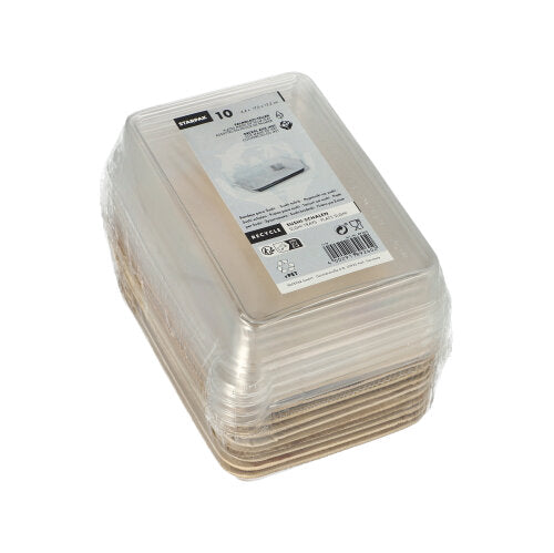 Eine Packung mit zehn rechteckigen Starpak 10 Sushi-Schalen Palmblatt-Lebensmittelbehältern in Braun, jeweils mit einem durchsichtigen rPET-Deckel („Kombipack“), in Plastik eingewickelt und mit einem Produktinformationsetikett auf der Oberseite versehen.