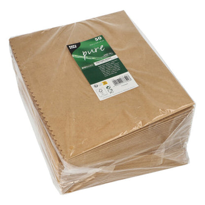 En stapel PAPSTAR popcornlådor fyrkantiga, bruna (19,2x15,8x8 cm, stora), 50 stycken, förpackade i klar plast med grönt-vitt varumärkesetikett - idealisk för evenemang. Märke: PAPSTAR GmbH.