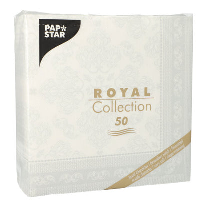 Ein weißes Paket der PAPSTAR GmbH enthält 50 1/4-Falz-Servietten "ROYAL Collection", 40 x 40 cm, mit goldenen und schwarzen Zierrändern.