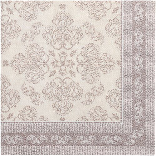 50-setet PAPSTAR "ROYAL Collection" servetter (mocca, 40 x 40 cm, 1/4-vikning) från PAPSTAR GmbH visar ett diskret blommigt och virvlande mönster i ljusa bruna toner med en prydnadsbård på två kanter.