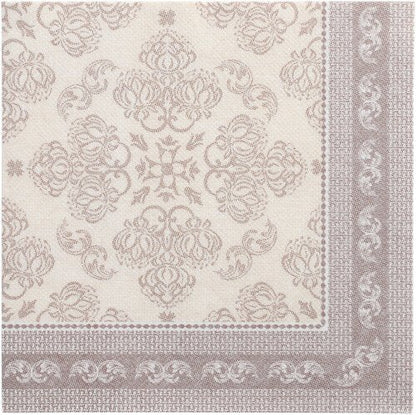 50-setet PAPSTAR "ROYAL Collection" servetter (mocca, 40 x 40 cm, 1/4-vikning) från PAPSTAR GmbH visar ett diskret blommigt och virvlande mönster i ljusa bruna toner med en prydnadsbård på två kanter.