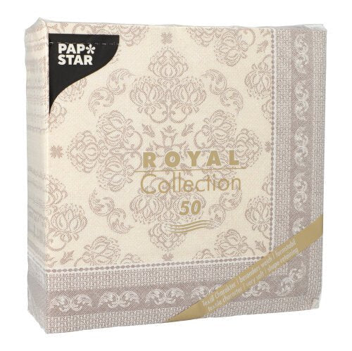 Den PAPSTAR GmbH 50 servetter "ROYAL Collection" 1/4-vikt i mocca är beige och ljusbrunmönstrad, har en guldfärgad text och levereras i en 40 x 40 cm stor förpackning.