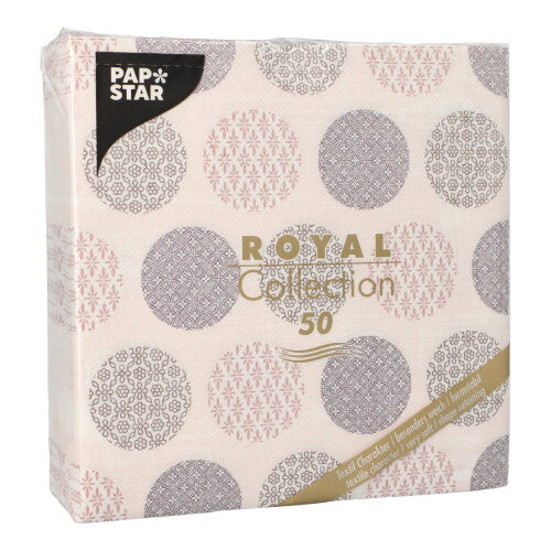 Ett 50-pack PAPSTAR servetter "ROYAL Collection" 1/4-vikning 40 x 40 cm i rosa från PAPSTAR GmbH, med dekorativ design och produktinformation på framsidan.