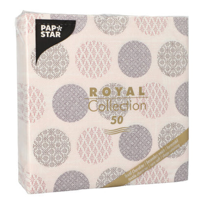 Ett 50-pack PAPSTAR servetter "ROYAL Collection" 1/4-vikning 40 x 40 cm i rosa från PAPSTAR GmbH, med dekorativ design och produktinformation på framsidan.