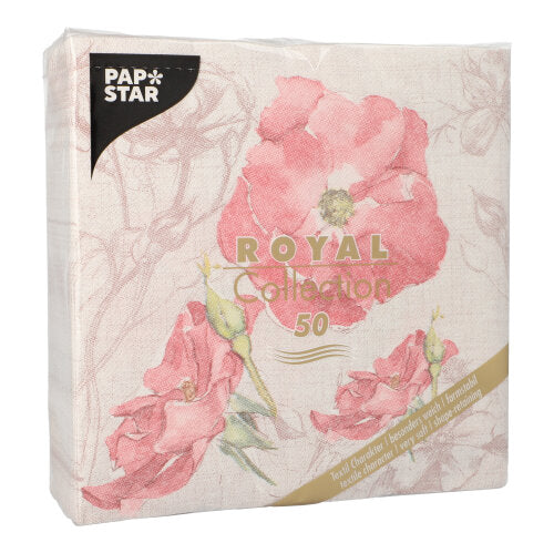 Ett paket med 50 PAPSTAR GmbH servetter "ROYAL Collection", 1/4-vikning, 40 x 40 cm, i rosa. Dessa servetter visar en blommig design med stora rosa blommor och gyllene text på framsidan, förpackade i en genomskinlig plastförpackning.