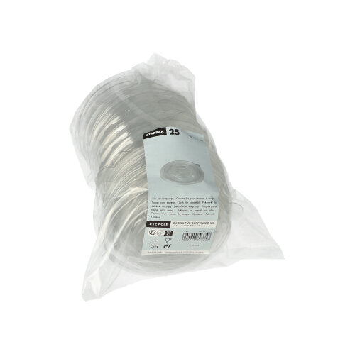 En genomskinlig R-PET-plastförpackning från Starpak innehåller 25 runda lock för soppbägare med en etikett på framsidan som anger mängd och detaljer - ett miljövänligt val för daglig användning.