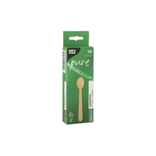 Eine grüne Schachtel mit der Aufschrift "PAPSTAR Kaffeelöffel aus Holz 'pure', 11 cm, umweltfreundlich" der PAPSTAR GmbH enthält 10 umweltfreundliche Kaffeelöffel, mit Löffelabbildung und Produktinformation auf der Verpackung.