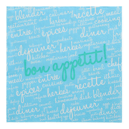 Die 20 Servietten (40 x 40 cm, 3-lagig, 1/4-Falz) der PAPSTAR GmbH bestehen aus blauen Servietten mit französischen und englischen kulinarischen Worten in Weiß und Grün – eine Kombination aus stilvollem Design und hoher Qualität für einen eleganten Tisch.