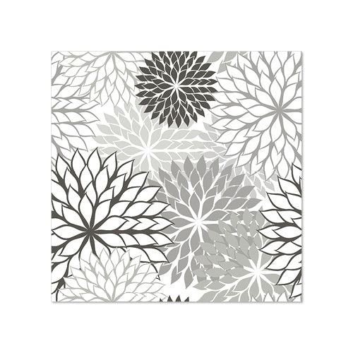 PAPSTAR 20 servetter (25 x 25 cm, 3-lager, 1/4-vikning) från PAPSTAR GmbH visar ett kvadratiskt blommönster med spetsiga blomblad i svart, grått och vitt på vit bakgrund – perfekt bordsdekoration med jämnt fördelade blommor i olika storlekar.