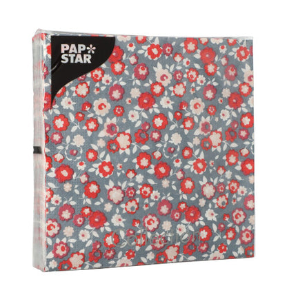 Eine Packung PAPSTAR GmbH 20 Servietten, 33 cm x 33 cm, 3-lagig, 1/4-Falz, Design Set 3 Servietten mit blauem Hintergrund und rot, weiß, rosa Blumenmuster in klarer Kunststoffverpackung.
