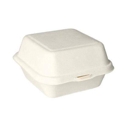 Die PAPSTAR Hamburger-Boxen aus Zuckerrohr (8x14x15 cm, 500 Stück) von PAPSTAR GmbH sind umweltfreundliche Takeaway-Behälter aus hellgeformtem Fiber, ideal für nachhaltige Verpackungen.