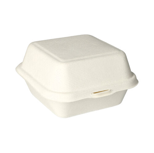 Die PAPSTAR Hamburger-Boxen aus Zuckerrohr (8x14x15 cm, 500 Stück) von PAPSTAR GmbH sind umweltfreundliche Takeaway-Behälter aus hellgeformtem Fiber, ideal für nachhaltige Verpackungen.