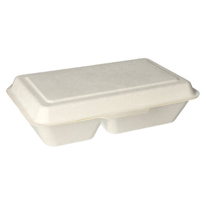 De PAPSTAR menyboxarna sockerrör "pure" är en sluten, beige, rektangulär takeaway-box (2 fack, 6,5x24x15,5 cm) av biologiskt nedbrytbart material från PAPSTAR GmbH, avbildad på en enkel vit bakgrund.