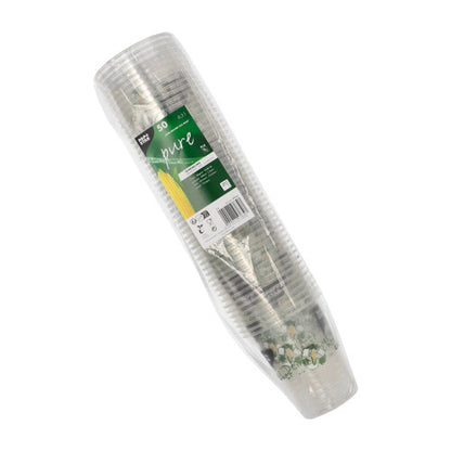 En förpackning med 50 PAPSTAR "Bägare av majs" PLA-bägare från PAPSTAR GmbH, inslagna i plastfolie och med en grön-vit etikett som anger att de är biologiskt nedbrytbara och tillverkade av majs.