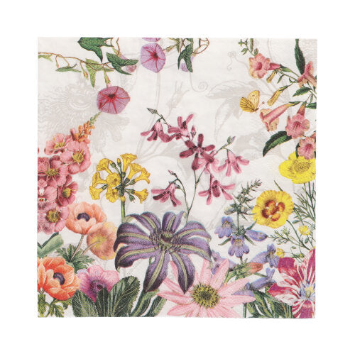 Die PAPSTAR 20 Servietten, 33x33 cm, 3-lagig, 1/4-Falz (Design Set 4) der PAPSTAR GmbH zeigen ein farbenfrohes Blumenmuster mit rosa, gelben, lila und orangen Blüten auf weißem Hintergrund.