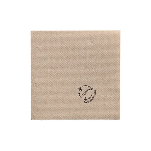 De PAPSTAR servetterna 1/4-vikning, 20x20 cm natur av återvunnet papper (100 stycken) från PAPSTAR GmbH är en brun, återvunnen servett med svart "100% återvunnet"-stämpel och återvinningssymbol på vit bakgrund.