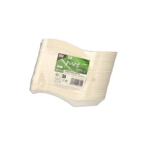 Ett paket med 50 PAPSTAR fingerfoodskedar av sockerrör "pure" (14,5 cm, Asien-design) från PAPSTAR GmbH, staplade och förpackade i krympfolie med en grön-vit eko-etikett som anger att de är biologiskt nedbrytbara.
