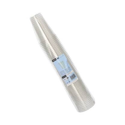 En stapel Starpak 50 dryckesbägare R-PET klar i klar plast med blå-vit etikett – miljövänlig, transparent och perfekt för alla tillfällen.