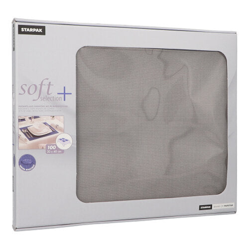 Eine Schachtel PAPSTAR 100 Tischsets „soft selection plus“ der PAPSTAR GmbH enthält stoffähnliche Vliesservietten im Format 30 x 40 cm – ideal als Tischset. Die graue Verpackung verfügt über ein transparentes Sichtfenster, durch das der Inhalt sichtbar ist.