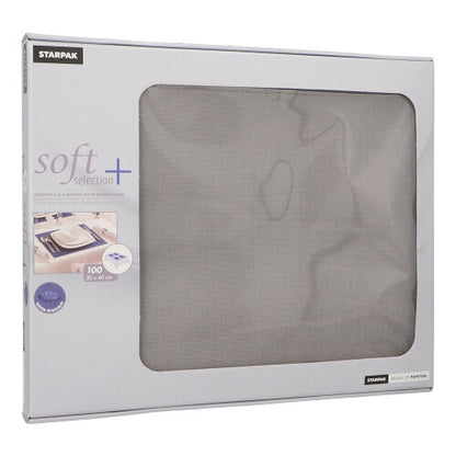 En låda PAPSTAR 100 bordsunderlägg "soft selection plus" från PAPSTAR GmbH innehåller tyg-liknande fleece-servetter i formatet 30 x 40 cm – idealiska som bordsunderlägg. Den grå förpackningen har ett transparent fönster genom vilket innehållet är synligt.