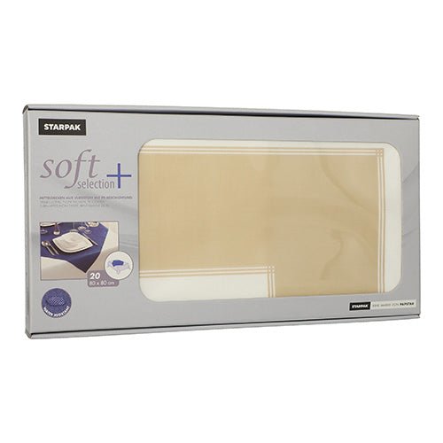 En rektangulär låda med texten ”Starpak Soft Selection Plus” innehåller 20 tyg-liknande fleece-mittdukar i formatet 80 x 80 cm. Förpackningen har ett fönster genom vilket de vikta mittdukarna inuti är synliga.