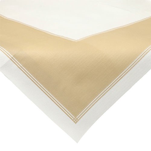 En närbild av Starpak 20 mittdukar, tyg-liknande fleece-duken ”soft selection plus” (80 x 80 cm) visar en beige mitt med vita kanter, ett subtilt strukturmönster och tunna vita linjer som omger det beige området.