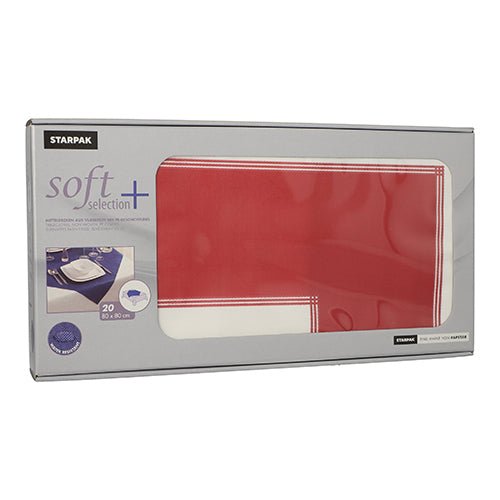 En låda med 20 Starpak-mittdukar av tygaktig fleece ”Soft Selection Plus” (80 x 80 cm), med mestadels grå förpackning och ett transparent fönster, genom vilket de röda mittdukarna med vita kanter syns. Märke: Starpak.